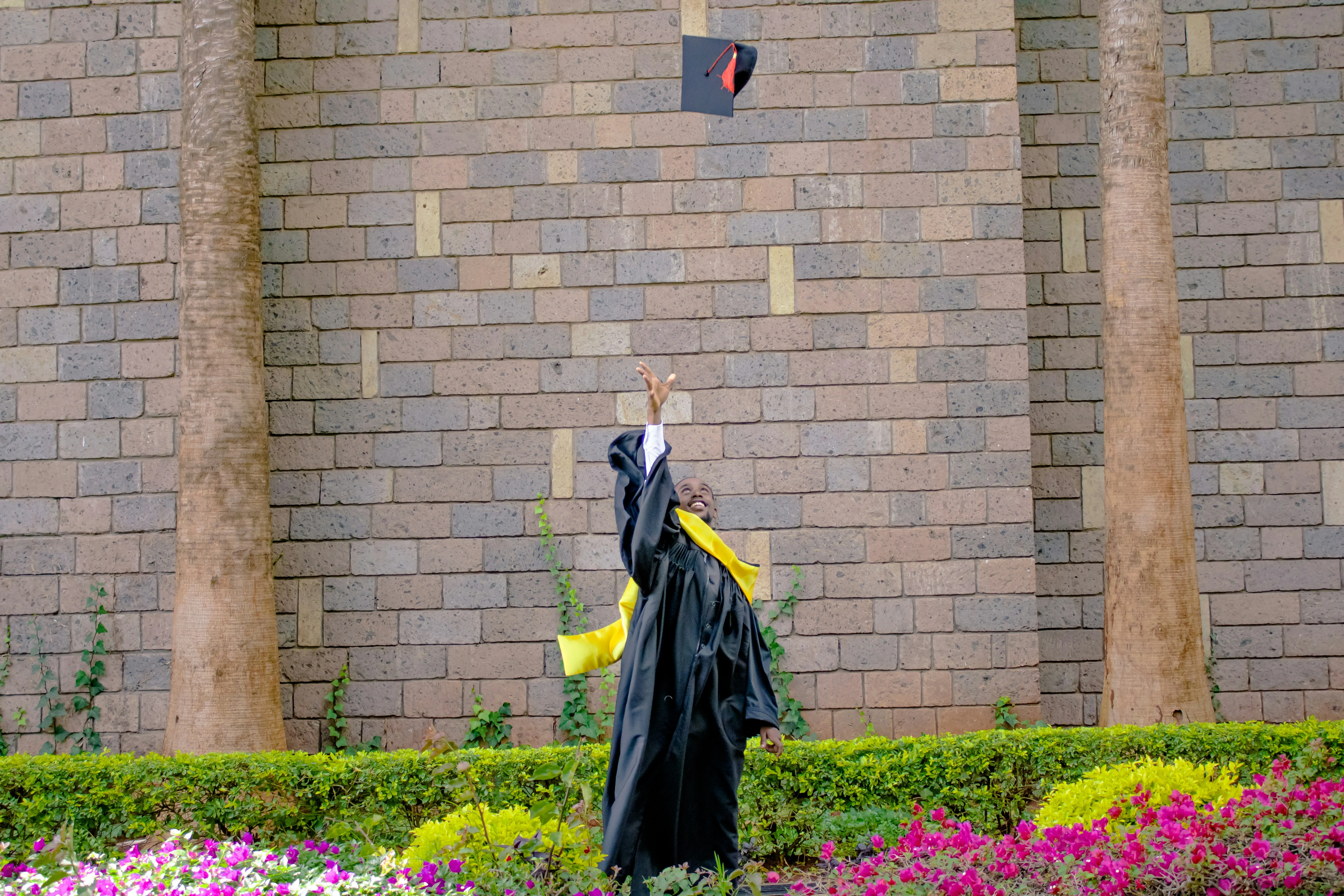 A student standing in front of a building with old brick wall, with a small colourful garden at the bottom. They are dressed in a graduation outfit and have thrown their cap high up in the air.